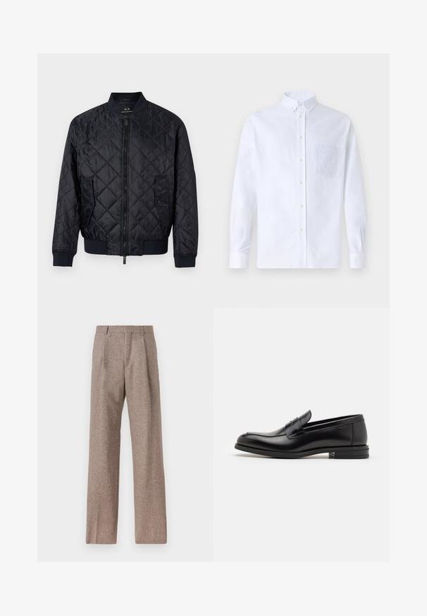 Mornarsko prešito bomber jakno z zadrgo spredaj, rebrastimi manšeti, dvema stranskima žepoma in teksturiranim geometrijskim vzorcem na tkanini.; Bela dolgo rukava srajca s kragnico, izdelana iz bombaža, z žepom na prsih in toniranimi vezeninami ter gumbi na manšetah.; Rjave hlače z visokim pasom, izdelane iz teksturirane tkanine. Imajo široke noge in dve sprednji pregibi za strukturo. Urejen zaključek brez vidne strojne opreme.; Črne usnjene loafer čevlje z gladko teksturo, zaobljenim nosom in dekorativnim trakom čez zgornji del. Nizka zložena peta, minimalističen dizajn.