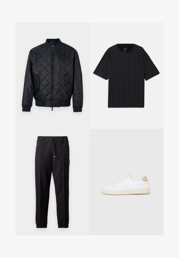 Jūras zils kvadrātveida piegriezuma bombermētis ar rāvējslēdzēju priekšā, ribotām aprocēm, divām sānu kabatām un teksturētu ģeometrisku rakstu uz auduma.; Melna t-kreklu ar teksturētu pārveidojumu, kurā mijas 'A' logotipi, īsām piedurknēm un apaļu kakla izgriezumu. Izgatavots no viegla auduma.; Melni bikses ar jostu, staipāmu un elastīgām aprocēm. Ar krokām un gludu, teksturētu audumu.; Baltās zemas kedas ar faktūru ādas virsu, krēmkrāsas rievojamu zoli un brūnu pacēlumu uz papēža. Iekļauj baltas auklas un logo detaļu uz papēža.