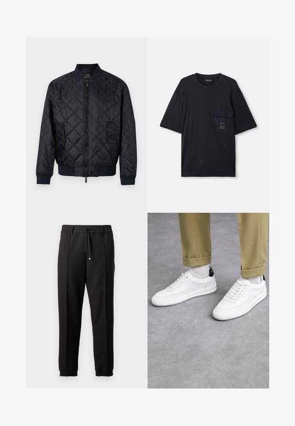 Navy quilted bomber jacket with a zip front, ribbed cuffs, two side pockets, and a textured geometric pattern on the fabric.; Black short-sleeve crew neck T-shirt with a flap pocket on the left chest featuring a small rectangular logo patch.; Black trousers with a waistband, drawstring, and elastic cuffs. Features pleats and a smooth, textured fabric.; White sneakers with a textured leather finish, rounded toe, and black heel accent. Rubber sole with small tread pattern and stitched detail.