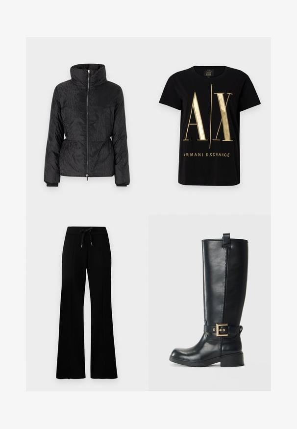 Svart boblejakke med høy krage, sidelommer, glidelås og subtil ton-i-ton tekstmønster. Myk, blank og quilted tekstur.; Svart bomull t-skjorte med stort gull "A/X"-logo og "ARMANI EXCHANGE"-tekst, korte ermer, rund hals, glatt tekstur.; Svart vid bukse med snøring i midjen, sidelommer, myk stoff og et elegant design.; Sorte knelange læderstøvler med en lav blokhæl, dekorativ guldfarvet spænde om anklen og en løkke øverst.