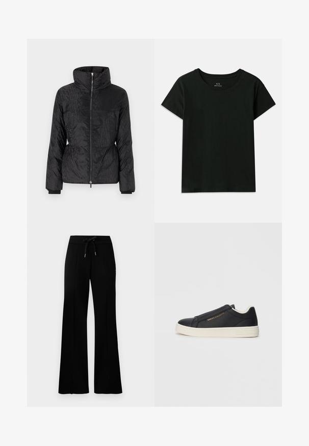 Svart boblejakke med høy krage, sidelommer, glidelås og subtil ton-i-ton tekstmønster. Myk, blank og quilted tekstur.; Svart kortermet T-skjorte laget av bomull. Har rund hals og preget "Armani Exchange"-tekst langs skulderen. Enkel design.; Svart vid bukse med snøring i midjen, sidelommer, myk stoff og et elegant design.; Sorte lær slip-on sneakers med hvit såle, gull "Armani Exchange"-logo på siden, og minimalistisk sømdetalj.