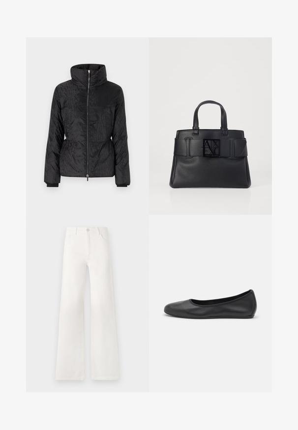 Juodas pūkinis švarkas su aukštu apykakle, šoninėmis kišenėmis, užtrauktuku ir subtiliu toniniu tekstūros raštu. Minkšta, blizgi ir siuvinėta tekstūra.; Juodas topas su plonais spaghetti petnešomis, pagamintas iš rausvos medžiagos, turintis tiesų kirpimą ir etiketę prie iškirpės, ant kurios parašyta "IVY OAK."; Balsviesti, aukštu liemeniu plačiakelnės džinsinės kelnės. Jos turi mygtukų užsegimą, dvi priekinės kišenes ir siūlams su siuvinėtojais.; Juodai odiniai baletai su apvaliu pirštu, lygi texture, minimalus siuvimo detales ir lanksčiu padų dizainu.; Juodas odinis rankinės krepšys su tekstūruotu paviršiumi, plati juosta su sagtimi ir kvadratinis logotipas priekyje. Du viršutiniai rankenėlės.