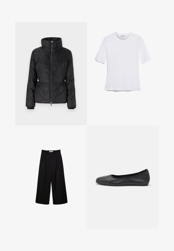 Sort pufferjakke med høj krave, sidelommer, lynlås og subtilt tonalt tekstmønster. Blød, skinnende og quiltet tekstur.; Hvid kortærmet t-shirt lavet af ribbet stof. Rund halsudskæring, almindelig pasform og subtile syninger. Ingen mønstre eller grafik.; Sorte brede bukser med høj talje, plisseret front og knaplukning. Lavet af glat stof med en skræddersyet design.; Sort læderballetsko med rund tå, glat tekstur, minimal syning og et fleksibelt såldesign.