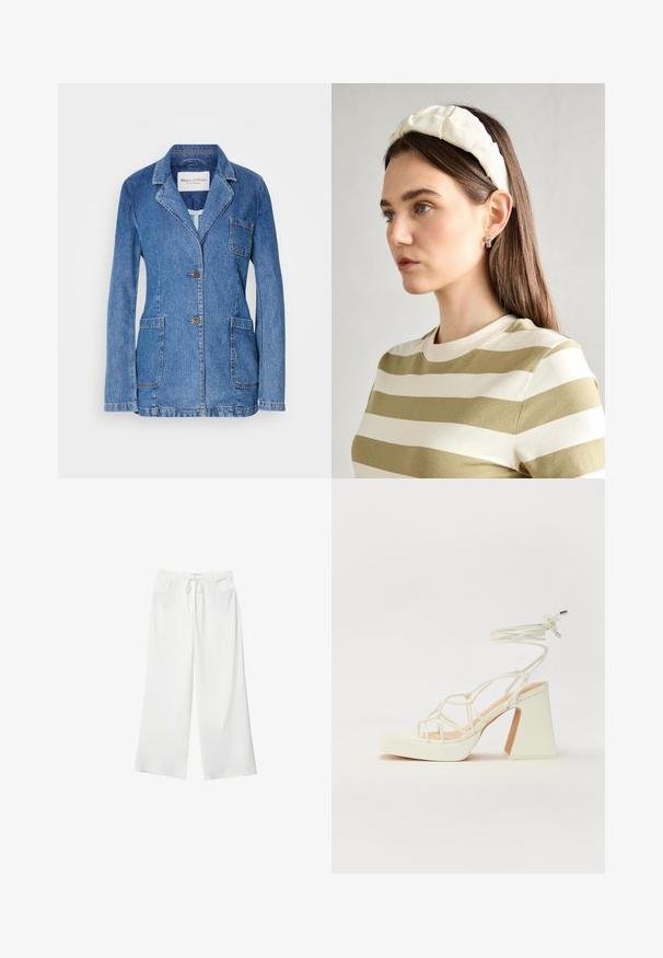 Denim-Blazer in mittlerem Blau, mit Reverskragen, Zwei-Knopf-Verschluss, drei Taschen und sichtbaren Nähtendetails.; Weißes ärmelloses Oberteil mit rundem Halsausschnitt, das über eine subtile Textur, ein Schlüsselaugen-Rückendetail und einen geraden Saum verfügt.; Weiße, weite Hosen aus weichem Stoff, mit einem Kordelzug in der Taille und zwei vorderen Taschen. Glatte Textur und keine sichtbaren Muster.; Weiße High-Heel-Sandale mit einem klobigen Absatz, die über ein Riemchendesign und ein Knöchelband verfügt. Glatte Textur mit einer Plattform vorne für zusätzliche Höhe.; Cremfarbener gepolsterter Haarreif mit gedrehtem Design, kombiniert mit einem beigen und weißen gestreiften Shirt mit rundem Halsausschnitt. Dezente Schmuckakzente.