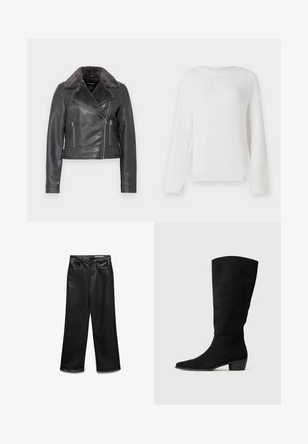 Veste de moto en cuir gris foncé avec un col en fourrure, dotée d'une fermeture éclair asymétrique, de deux poches zippées et de détails à boucle à la taille.; Pull blanc à manches longues en tissu texturé. Présente un col rond et une coupe décontractée avec des épaules abaissées.; Pantalon large en cuir synthétique noir avec poches avant, passants pour ceinture et léger éclat. Texture lisse et coupe ajustée.; Botte noire en daim hauteur genou avec un petit talon bloc et un bout pointu, présentée de profil sur un fond gris clair uni.