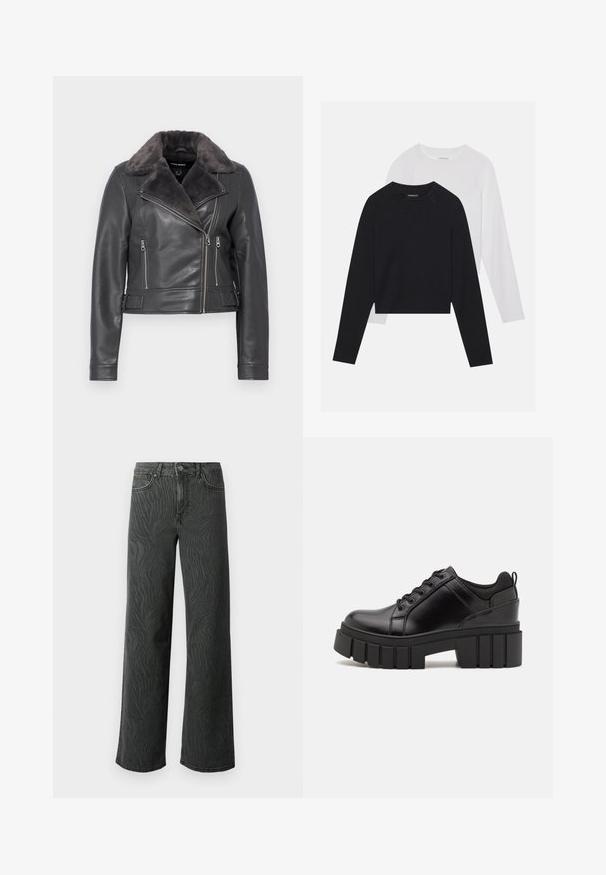 Lærermotorsykkeljakke i mørk grå med pelskrage, som har asymmetrisk glidelås, to glidelommener og spenne-detaljer i midjen.; To lange ermerte skjorter: en svart og en hvit. Begge har rund hals, raglanermer og er laget av en myk bomullsblanding.; Vide ben jeans i mørkegrå denim, med en subtil zebra-mønster tekstur, kontrast søm, og fem lommer med knappestol. ; Svarte lærplattformsko med kraftig blokkhell, rund tå og tradisjonell snøring. Har en jevn tekstur og minimal detaljering.