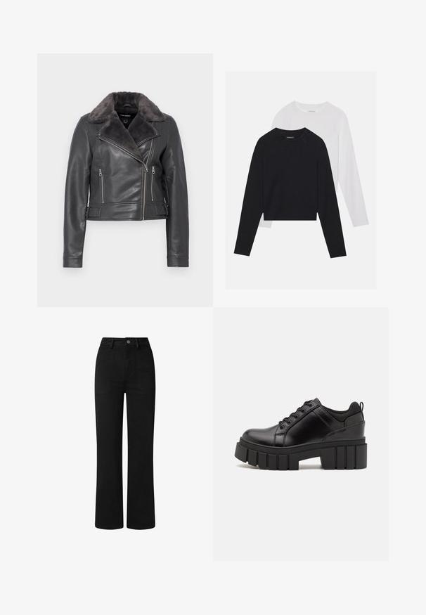 Leren motorjack in donkergrijs met een bontkraag, voorzien van een asymmetrische rits, twee ritszakken en gespen rond de taille.; Twee langemouwen shirts: een zwarte en een witte. Beide hebben een ronde hals, raglanmouwen en zijn gemaakt van een zachte katoenmix.; Zwarte, hooggeplaatste broeken met een recht model, gemaakt van zachte katoenen stof. Voorzien van zijzakken en een eenvoudige metalen knoopsluiting.; Zwarte leren platform schoenen met een stevige blokhak, ronde neus en een traditionele vetersluiting. Kenmerkt zich door een gladde textuur en minimale details.