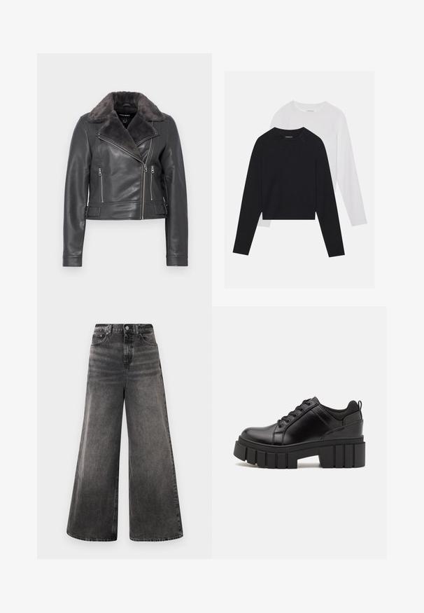 Giacca da motociclista in pelle grigia scura con colletto in pelliccia, caratterizzata da cerniera asimmetrica, due tasche con zip e dettagli con fibbia in vita.; Due camicie a maniche lunghe: una nera e una bianca. Entrambe presentano un col a girocollo, maniche raglan e un morbido tessuto in misto cotone.; Jeans in denim neri a gamba larga con un effetto sbiadito, design a cinque tasche e chiusura con bottone in vita, caratterizzati da dettagli cuciti.; Scarpe platform in pelle nera con tacco a blocco robusto, punta rotonda e design tradizionale con lacci. Presentano una superficie liscia e dettagli minimi.