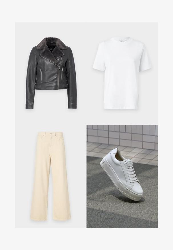 Tamsiai pilka odinė motociklininko striukė su kailiniu apykakle, turinti asimetrišką užtrauktuką, dvi užtraukiamas kišenes ir sagties akcentus liemens srityje.; Balta medvilninė marškinėlių suapvalintais kaklais, turinti trumpas rankoves ir lygią tekstūrą. Sukurta su laisvu siluetu, skirtu patogumui ir universalumui.; Bežinės plačios kojos džinsai, pagaminti iš medvilnės. Turintys sagos uždarymą, diržo kilpas ir priekinės kišenes su lygia, švelnia tekstūra.; Balti odiniai sportbačiai su žemu dizainu, plokščiais raišteliais, apvaliu pirštu ir tekstūruotomis šoninėmis dalimis. Storas guminis padas su subtiliais akcentais.