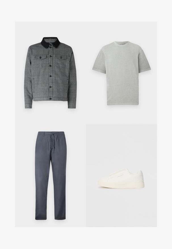 Svart og grå rutete jakke med svart sherpa-krage, frontknapping og to brystlommer med klaff. Laget av bomullsblanding.; Lys grå t-skjorte med korte ermer og rund hals, vist på en enkel hvit bakgrunn.; Grå bukser laget av glatt stoff, med snøring i livet og sidelommer. Rett ben-design med en ren finish.; Hvite slip-on joggesko med teksturert overflate, tykk såle og minimalistisk design. Har merkevarelogo på siden.