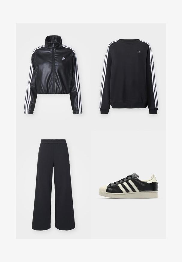 adidas Originals FIREBIRD - Imitert skinnjakke - black; Svart genser med lange ermer, hvite striper langs hver arm og en liten grå logo på brystet. Laget av bomull, avslappet passform.; Svart bukse med vid benvidde laget av myk stoff, med elastisk midjebånd og en liten logo på venstre side.; Svarte skinnsneakers med hvite striper, gummitopp, svarte lisser og en kremfarget såle. Glatt tekstur med blank finish.