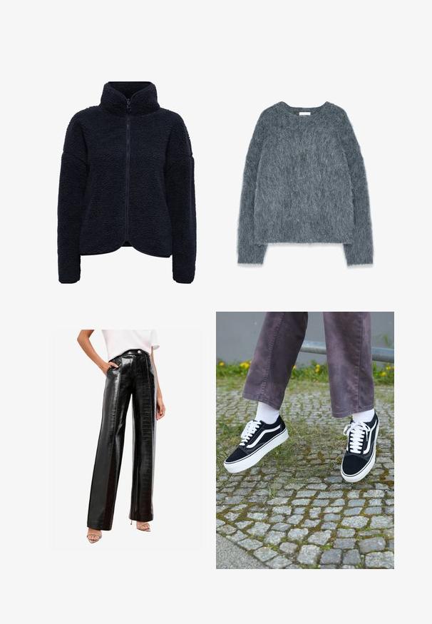 Chaqueta de forro polar navy con cuello alto, cierre de cremallera y tejido texturizado. Presenta un corte holgado y mangas largas. Sin patrones ni acentos visibles.; Suéter gris texturizado de corte holgado, con mangas largas y escote amplio. Material suave y difuso con un ligero brillo. Sin patrones o acentos prominentes.; Pantalones negros de talle alto fabricados con cuero sintético brillante, con un patrón de cocodrilo, bolsillos laterales y un diseño de pierna recta.; Zapatillas de ante negro con detalles en blanco, que presentan una punta redondeada, suela gruesa blanca y un diseño clásico de cordones, usadas con calcetines blancos y pantalones morados.