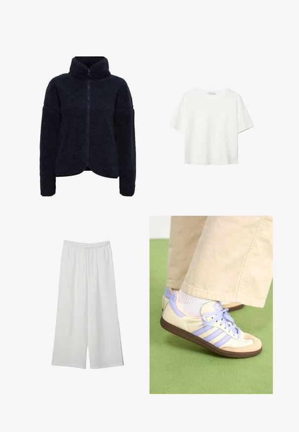 Mornarska flis jakna s visokim ovratnikom, zatvaračem na zip i teksturiranim materijalom. Ima slobodan kroj i duge rukave. Nema vidljivih uzoraka ili naglasaka.; Bijela majica kratkih rukava od pamuka. Ima okrugli izrez i opušteni kroj. Glatka tekstura bez vidljivih uzoraka ili naglasaka.; Bijele hlače širokog kroja izrađene od lagane tkanine, s elastičnim pojasom i vezicom za prilagodljivu veličinu. Glatka tekstura.; Kremasto-ljubičaste tenisice s tri pruge i strukturiranim smeškim potplatom, s vezicama i podstavljenim petom. Mekana gornja tkanina.