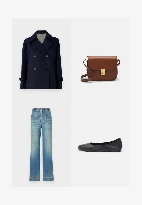 WEEKEND MaxMara BIGLIA niebieski; Biała koszulka krótki rękaw wykonana z materiału prążkowanego. Okrągły dekolt, regularny krój i subtelne detale szwów. Bez wzorów ani grafik.; Jasnoniebieskie dżinsy w kształcie dzwonów z pięcioma kieszeniami, szlufkami na pasek, zapięciem na guzik i lekko wyblakłą teksturą, z czerwonym logotypem na tyle.; Czarne skórzane baletki z zaokrąglonym noskiem, gładką fakturą, minimalnymi przeszyciami i elastycznym designem podeszwy.; Brązowa skórzana torebka na ramię z klapką, złotymi detalami, paskiem na ramię i gładką teksturą. Kompaktowy prostokątny kształt.