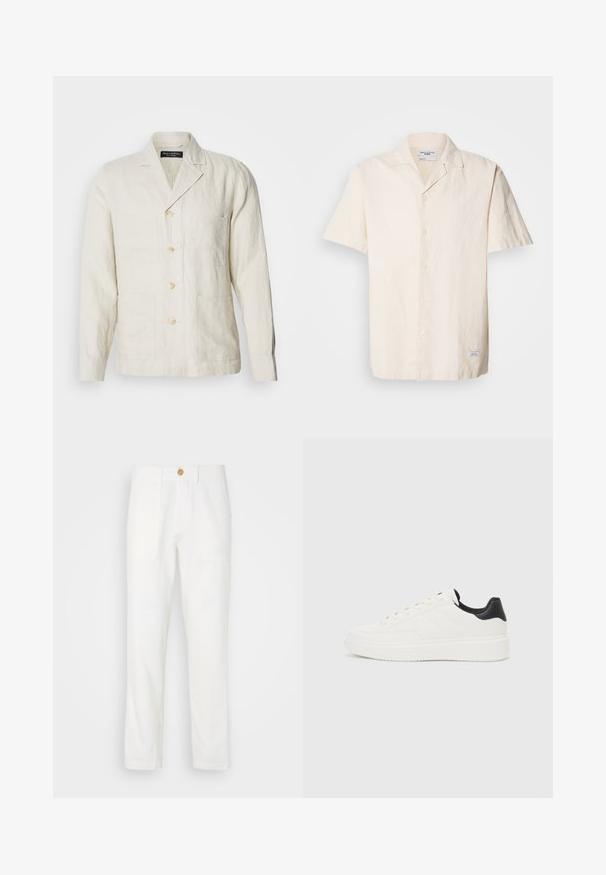 Helle beigefarbene Leinenjacke mit Reverskragen, Fünf-Knopf-Front und vier Fronttaschen. Verfügt über eine entspannte Passform und eine dezente Textur.; Kurzärmliges, hellbeiges Hemd aus strukturiertem Stoff mit spitzen Kragen, Knopfleiste und einem kleinen Etikett am Saum.; Weiße Stoffhosen mit geradem Schnitt, ausgestattet mit zwei vorderen Taschen und einem Knopfverschluss. Glatte Textur und sauberes Design.; Weißes Leder-Sneaker mit geprägtem Muster, strukturierter weißer Zwischensohle und schwarzen Akzenten an der Ferse. Verfügt über eine abgerundete Zehenpartie und flache Schnürsenkel.