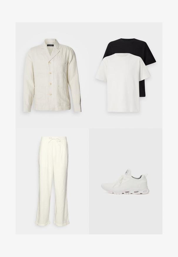 Heled beige lina särk, millel on nurgeline krae, viie nööbiga esiosa ja neli eesmist taskut. Omab lõdva lõiget ja peent tekstuuri.; Puuvillane t-särkide komplekt, mis sisaldab musta ja valget särk, mõlemad lühikeste varrukatega, ümmarguse kaelusega ja standardse lõikega. Tekstuuriga kangas.; Lina püksid tühjas valges, millel on paelaga vöökoht, veidi laiemad sääred ja keeratud varrud mugavaks istumiseks. Taskud puuduvad.; Valged sportijalatsid, millel on tekstuuriga kudum peal, lame paelad ja pehmendatud tallad nähtavate õhukambritega täiendava toe jaoks.