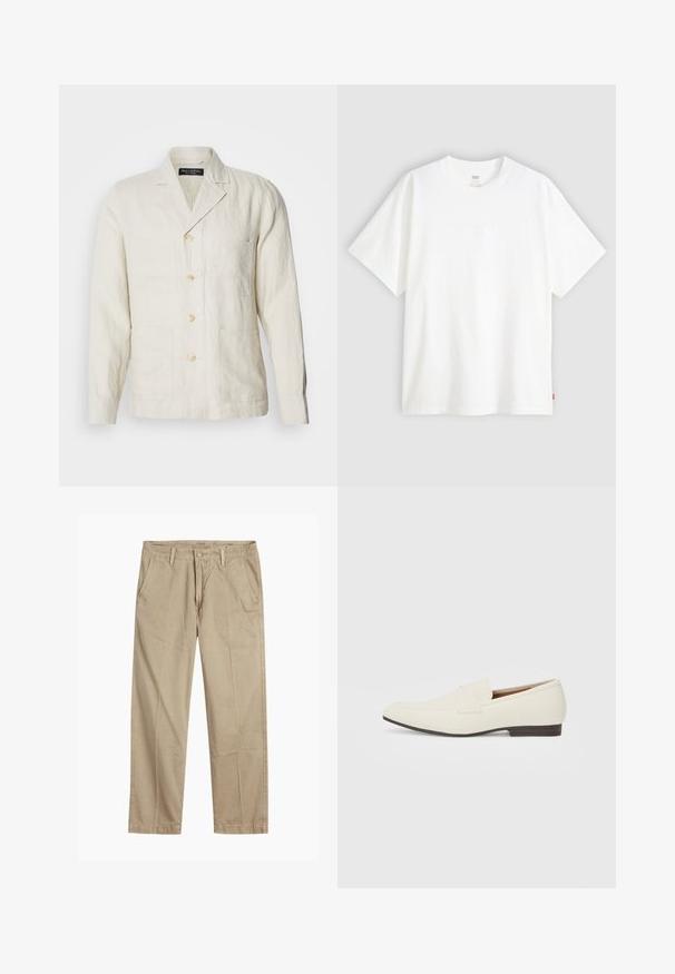 Lys beige linned jakke med notch-krave, fem-knap front og fire forlommer. Har en afslappet pasform og en subtil tekstur.; Hvid kortærmet t-shirt i bomuld med rund hals. Har diskret præget logo-detalje på forsiden og et rødt mærke i kanten.; Beige lige ben chinos med bæltestropper, frontknap og lynlås lukning samt skrå frontlommer.; Lys beige loafers med spids tå, glat materiale, en rem over vampen og en lav brun sål. Simpelt design med minimale detaljer.