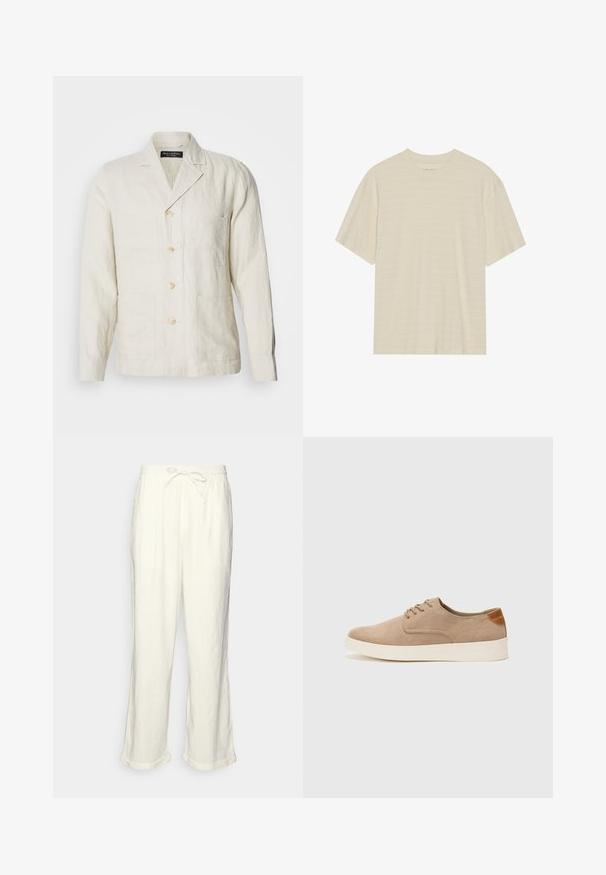 Ljust beige linnejacka med sned krage, femknapprad framtill och fyra framfickor. Har en avslappnad passform och subtil textur.; Krämfärgad t-shirt med kort ärm som har en subtil randig textur och rund halsringning, tillverkad av lättviktig tyg.; Linnenbyxor i off-white med dragsko i midjan, något vida ben och uppvikta muddar för en avslappnad passform. Inga fickor.; Beige mockasinsneakers med rund tå, snörning fram och texturerad bakaxel. Vit gummisula ger kontrast. Enkelt och modernt design.