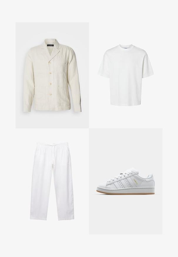 Lys beige linned jakke med notch-krave, fem-knap front og fire forlommer. Har en afslappet pasform og en subtil tekstur.; Hvid bomulds T-shirt med korte ærmer, rund halsudskæring og en afslappet pasform. Glat tekstur uden synlige mønstre eller detaljer.; Hvide, løstsiddende bukser lavet af letvægtsstof. Har en elastisk talje med snøre og to sidelommer.; Hvide sneakers med perforeret tre-stribe-design, teksturerede detaljer, en gummisål og "CAMPUS" logo i guld på siden.