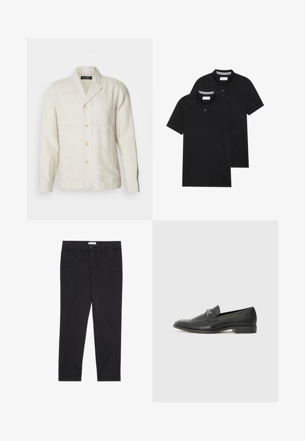 Šviesiai smėlio spalvos lininis švarkas su įpjovimu ant apykaklės, penkių mygtukų priekyje ir keturiais priekinių kišenėmis. Pasižymi laisvu siluetu ir subtiliu tekstūru.; Du žaidimų juodos polo marškiniai, trumpomis rankovėmis, pagaminti iš medvilnės, su klasikinėmis apykaklėmis, dviem mygtukais priekyje ir baltais dryžiais apykaklės viduje.; Juodos medvilnės kelnės su siauru pjūviu, turinčios dvi šonines kišenes ir priekinį mygtuko užsegimą. Audinys tekstūruotas su subtiliomis detalėmis.; Juodos odinės loafer tipo bateliai su lygiu paviršiumi, turintys siuvinėtą dizainą ir dekoratyvų metalo grandinėlės akcentą ant batų viršaus. Plokščias kulnas.