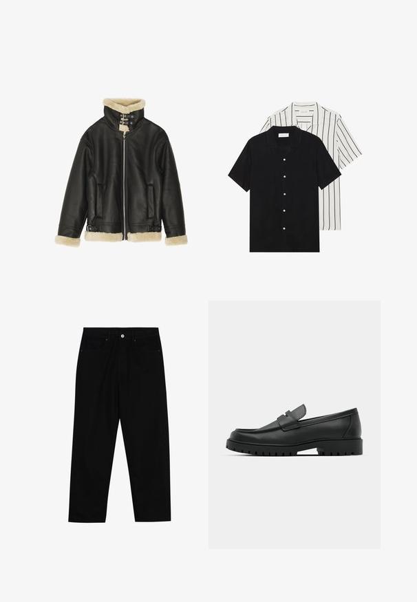 Veste en cuir noir avec un col et des poignets en fourrure. Elle possède une fermeture éclair, deux poches latérales et des sangles ajustables au bas.; Deux chemises à manches courtes : l'une noire unie, l'autre blanche avec des rayures verticales noires. Les deux ont des boutons et un col classique.; Pantalons en denim noir avec une coupe droite, un design à cinq poches et une fermeture à bouton à l'avant. Texture lisse avec des détails de couture minimaux.; Mocassins en cuir noir à bout arrondi, avec un design cousu, une semelle plateforme basse et une semelle en caoutchouc texturée et crantée.