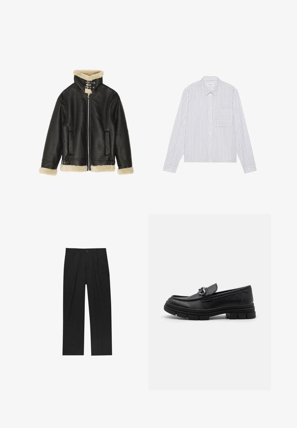 Zwarte leren jas met een schapenvacht kraag en manchetten. Voorzien van een ritsluiting, twee zijzakken en verstelbare riemen aan de onderkant.; Witte overhemd met dunne grijze verticale strepen. Het heeft een patchzakje aan de linkerkant, een klassieke kraag en lange mouwen.; Zwarte broeken met een recht model, gemaakt van een gladde stof. Voorzien van een voorplooien en een enkele knoopsluiting bij de taille.; Zwarte leren instapper met een ronde neus, een decoratieve band en hardware, en een chunky, gestructureerde zool. Glad afwerking met subtiele details.