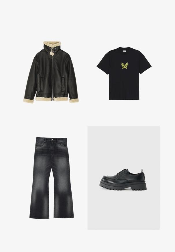 Veste en cuir noir avec un col et des poignets en fourrure. Elle possède une fermeture éclair, deux poches latérales et des sangles ajustables au bas.; T-shirt en coton noir avec un petit graphique de papillon à motif flammes jaunes sur la poitrine. Encolure ronde, manches courtes.; Jean flare en denim noir avec un effet délavé, cinq poches et des coutures contrastées, présentant une ouverture de jambe légèrement large.; Chaussure noire en cuir épais à lacets avec semelle robuste et œillets en métal au niveau des orteils, photographiée sur un fond clair et uni.