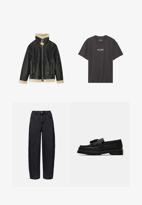 Melna ādas jaka ar aitu vilnas apkakli un aprocēm. Iekļauj rāvējslēdzēja aizdari, divas sānu kabatas un regulējamas jostas apakšmalā.; Melna īsās piedurknes T-krekls izgatavots no kokvilnas ar apaļu kaklu. Priekšpusē ir balts teksts "AIZLIEGTS" un "BĪSTAMA ZONA".; Melni platās kājas džinsi, izgatavoti no gluda denima. Iespējas ietver augstu jostasvietu, priekšējās kabatas un pogu aizdari jostasvietā.; Melnas ādas loafer kurpes ar pušķiem, dzeltena šuve apkārt zolei un bieza, rievota gumijas zole.