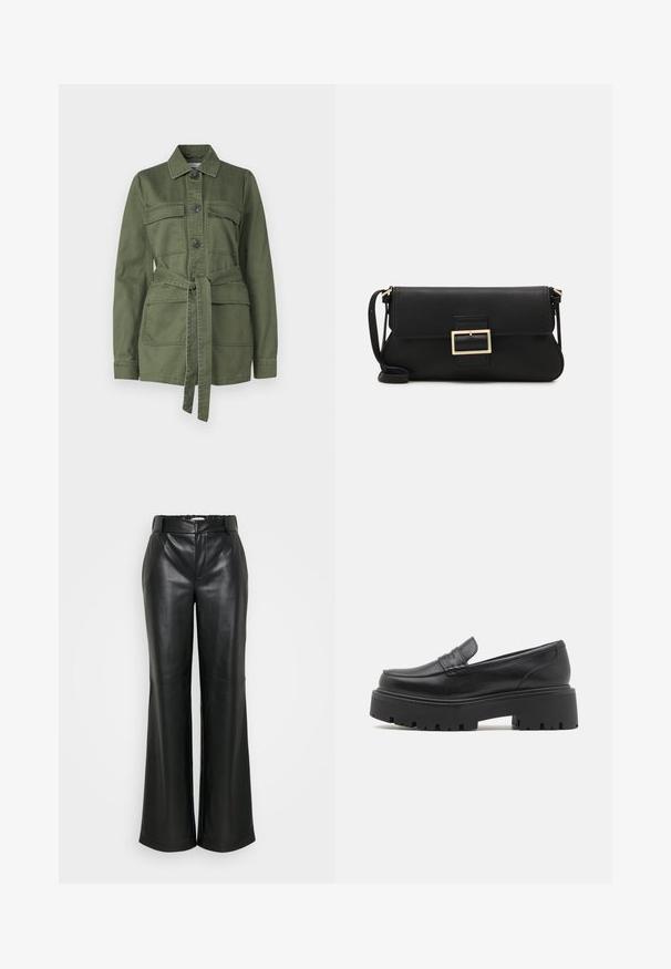 Veste verte olive en coton, présentant une fermeture à boutons, deux poches poitrine, une taille ceinturée et un col, avec des manches longues.; Chemise noire à manches longues en tissu côtelé. Dotée d'un col rond et d'une silhouette ajustée. Design simple sans motifs ni accents.; ONLY Tall ONLSMOOTH WIDE - Pantalon classique - black; Mocassins en cuir noir avec une semelle en caoutchouc épaisse et basse, des détails cousus sur le dessus et une texture lisse.; Pochette en cuir noir avec un rabat et un détail en boucle en métal doré. Inclut une sangle noire et un design épuré et minimaliste.; Boucles d'oreilles en or avec une finition lisse et brillante. Design circulaire présentant un petit clou et une attache transparente pour un port sécurisé.