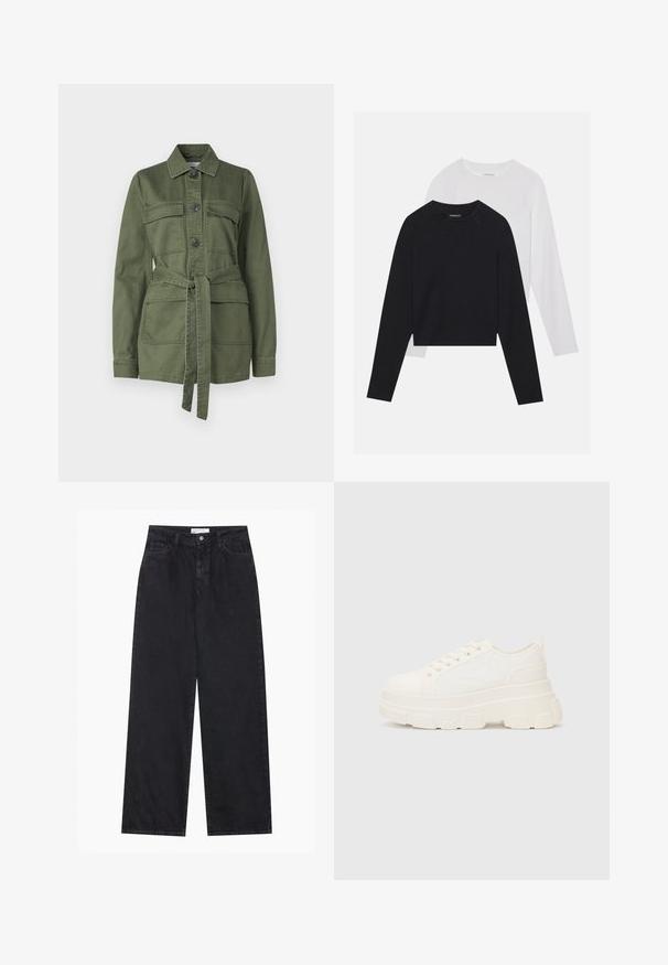 Chaqueta verde oliva de algodón, con cierre de botones en el frente, dos bolsillos en el pecho, cintura con cinturón y cuello, con mangas largas.; Dos camisetas de manga larga: una negra y una blanca. Ambas cuentan con un cuello redondo, mangas raglán y una suave mezcla de algodón.; Jeans de mezclilla negros de talle alto y pierna ancha con cierre frontal de botón y cremallera, pasadores para el cinturón y estilo de cinco bolsillos.; Zapatilla de lona blanca con suela gruesa, punta redonda y cinco ojales para los cordones. Lengüeta trasera para facilitar el uso. Textura suave, diseño minimalista.