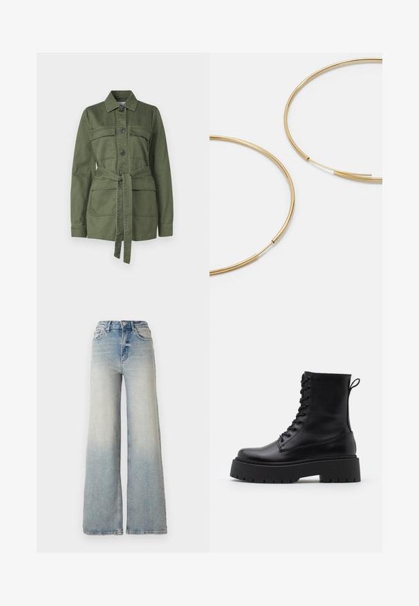Giacca verde oliva in cotone, con chiusura a bottoni, due tasche sul petto, vita con cintura e colletto, maniche lunghe.; Maglietta nera a maniche lunghe realizzata in tessuto liscio, con scollatura rotonda e dettagli arricciati sulle spalle e sui polsini.; Jeans ampi di colore blu chiaro in denim, con vita alta, cinque tasche e cuciture visibili lungo le cuciture.; Stivaletti in pelle nera alla caviglia con punta rotonda, lace-up frontale e suola in gomma spessa con battistrada textured. Tassello sul retro.; Orecchini a cerchio color oro, sottili e rotondi, con una finitura metallica liscia e senza decorazioni o motivi.