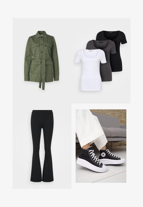 Olijfgroene jas van katoen, met een knoopsluiting aan de voorkant, twee borstzakken, een ceintuur in de taille, en een kraag, met lange mouwen.; Drie getailleerde T-shirts in het wit, grijs en zwart. Elk met een brede ronde hals en korte mouwen. Gemaakt van gladde, rekbare stof.; Zwarte uitlopende broek van rekbaar materiaal, met een hoge tailleband en een gladde textuur. De broek loopt uit vanaf de knie.; Zwarte canvas hoge sneakers met witte rubberen zolen en veters. Voorzien van een cirkelvormig logo aan de zijkant en contrasterende witte stiksels.