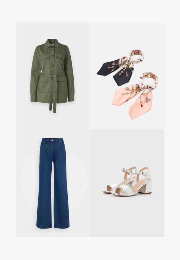 Oliivroheline puuvillane jakk, millel on nööbist avamine, kaks rinnataskut, vöökoht ja krae, pikkade varrukatega.; Valge lühikeste varrukatega T-särk ringkaelusega. Valmistatud pehmest materjalist, toote lõige on mugav ja sellel on delikaatsed õmbluse detailid.; Hallise jalgadega sinised denim püksid kõrge vöökohaga, ees nupuga ja tõmbluku sulguri ning ees ja taga taskutega, lihtsa tausta ees.; Hõbedased kõrged kontsad avatud varvastega, millel on kaks laia rihma ja ümar plokknina. Sile tekstuur metallikviimistlusega.; Anna Field 2 PACK - Kaelarätt - dark blue/pink