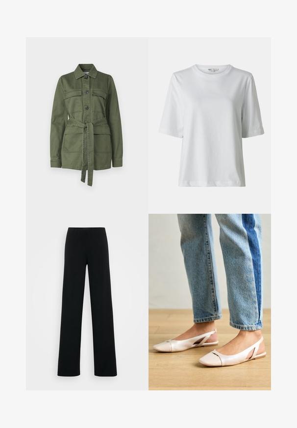 Oliivroheline puuvillane jakk, millel on nööbist avamine, kaks rinnataskut, vöökoht ja krae, pikkade varrukatega.; Valge lühikeste varrukatega T-särk ringkaelusega. Valmistatud pehmest materjalist, toote lõige on mugav ja sellel on delikaatsed õmbluse detailid.; Vero Moda Tall VMBERLIN ZAMIRA WIDE  - Püksid - black; Kahvatu roosa slingback lapikute jalatsite paar, millel on terav varvas, valmistatud siledast nahataolisest materjalist. Omab külgedel lõikekohti ja lapikut kontsa.