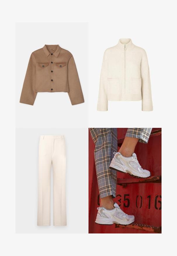 Filippa K SHORT JACKET - Suvejakk - dark khaki; Lühendatud kreemvärvi sviiter kõrge kaelusega, ees lukk ja kaks eesmist taskut. Valmistatud pehmest, kudumist kangast ribakujundustega.; Valge sooniktop lace äärisega kaelusel ja varrukatel. Omab pehmet tekstuuri ja lähedast lõiget. Brändi silt on nähtav seestpoolt.; Kreemjad, sirge lõikega püksid, valmistatud kergest kangast. Omavad eesplekke ja klassikalist vööd.; Valged võrkkudumist sneakers hõbedaste aktsentidega ja tekstuurse tallaga, paigutatud punasel pinnal, koos ruuduliste pükstega.