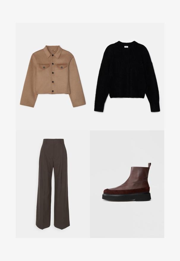 Filippa K SHORT JACKET - Nyári dzseki - dark khaki; Fekete, rövidített pulóver bolyhos anyagból. Kerek nyakkivágással és hosszú ujjakon puha tapintású. Minimális design, minta nélkül.; Sötétbarna, bő szárú nadrág magas derékkal, tisztán vasalt redőkkel, sima textúrával és testhez simuló fazonnal.; Barna bőrből készült bokacsizma masszív fekete platform talppal, sima felülettel és egy kis húzófüllel a hátulján az egyszerű felhúzás érdekében.