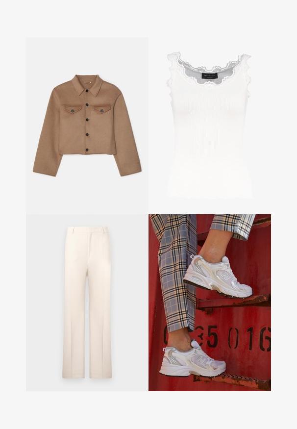 Filippa K SHORT JACKET - Let jakke / Sommerjakker - dark khaki; Hvid ribbet tanktop med blondekanter ved halsudskæringen og ærmerne. Har en blød tekstur og en tætsiddende pasform. Mærket er synligt indeni.; Beige skræddersyede bukser med lige ben, lavet af letvægtsstof. Har frontfolder og en klassisk talje.; Hvide mesh sneakers med sølvdetaljer og en struktureret sål, placeret på en rød overflade, parret med ternede bukser.