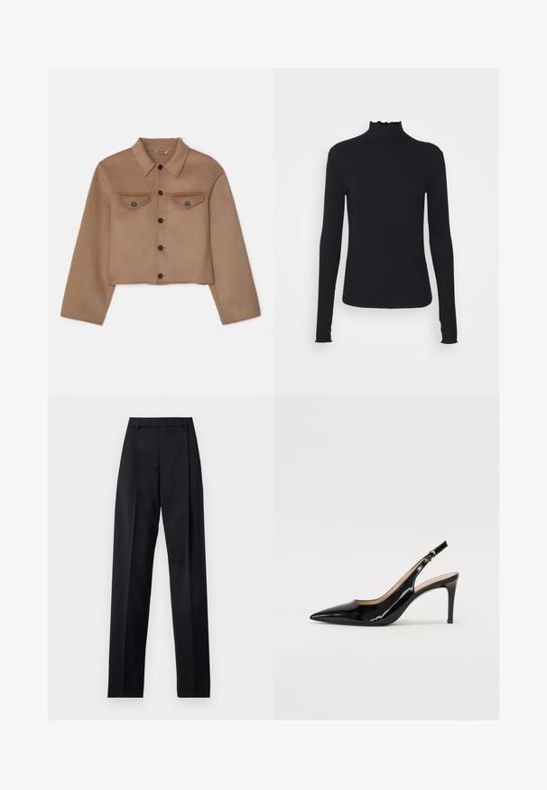 Filippa K SHORT JACKET - Letná bunda - dark khaki; Čierny dlhý rukáv turtleneck top vyrobený z hladkej látky, s volánovým golierom a priliehavou siluetou s jednoduchými okrajmi.; Čierne nohavice vyrobené z hladkej látky s vysokým pásom, širokými nohavicami, prednými záhybmi a klasickými pútkami na opasok. Žiadne bočné vrecká nie sú viditeľné.; Čierne lakované kožené slingback lodičky s špicatou špičkou, štíhlým podpätkom a jemným výrezom. Obsahuje zlatú pracku na remienku.