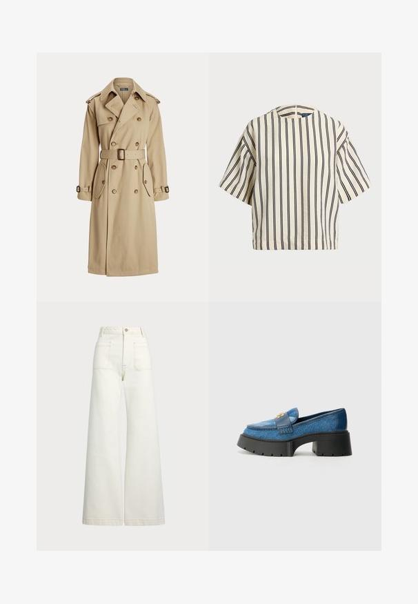 Beige trenchcoat met een dubbelgeknoopt voorpand, grote knopen, een ceintuur op de taille, twee zijzakken en schouderepaulets. Gladde stofstructuur.; Korte mouwen, gestreepte top in crème en marineblauw, met een ronde halslijn en een boxy ontwerp van een textuurstof.; Wijd-zit jeans van off-white denim. Hooggaande taille met een knoopsluiting, twee voorzakken en contrasterende stikdetails.; COACH Instappers - blue