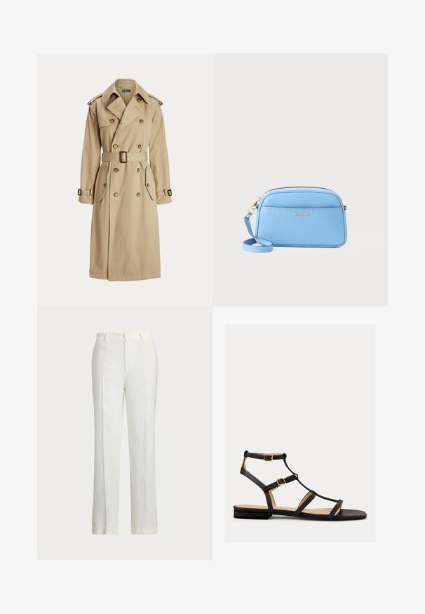 Bēšas krāsas tranšejas mētelis ar dubulto jaku, lieliem pogām, jostu viduklī, divām sānu kabatām un plecu epauletēm. Gluda auduma tekstūra.; Balts bezpaliktņa džemperis, izgatavots no gludas kokvilnas, ar ribotu apmalīti un mazu tumši zilu logotipu apakšējā kreisajā stūrī. Vienkārša dizaina, bez rakstiem.; Baltas lina bikses ar taisnu kāju dizainu, kurām ir plakana priekšpuse, divas sānu kabatas un smalki teksturēta auduma virsma.; Melnas plakanas sandales ar vairākiem siksnām, ar zelta detaļām un gludu tekstūru. Zema profila dizains ar mīkstu zoli.; Gaiši zila ādas plecu soma ar zeltītām detaļām, ar rāvējslēdzēju un priekšējo kabatu. Iespējams regulēt siksnu, lai nodrošinātu ērtību.