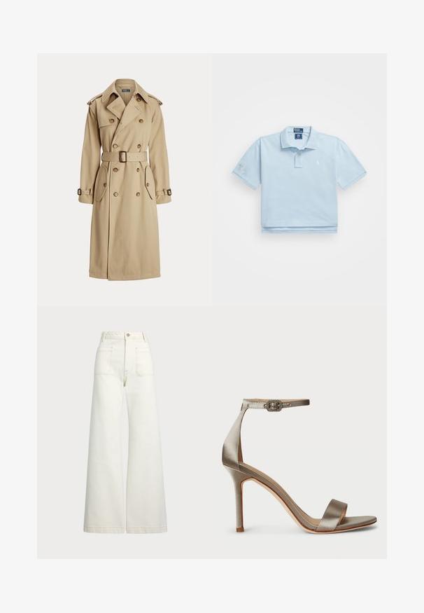 Šviesiai rudas trench paltas su dvigubu priekiu, didelėmis mygtukais, diržu ant liemens, dviem šoniniais kišenėmis ir petinių iškarpų. Lygus audinio paviršius.; Šviesiai mėlynas polo marškinėlis, pagamintas iš medvilnės. Turi apykaklę, dvi mygtukų eiles ir mažą logotipą ant krūtinės. Trumpomis rankovėmis, viena iš jų su aplikacija.; Plati kojinės džinsai of white denimo. Aukštas liemuo, su mygtuko uždarymu, dviem priekinėmis kišenėmis ir kontrastingai siuvinėjimu.; Sidabrinės atlasinės aukštakulnės sandalai su kulkšnies dirželiu, puošiančiu sagtimi. Atviras pirštas ir plonas, elegantiškas dizainas.