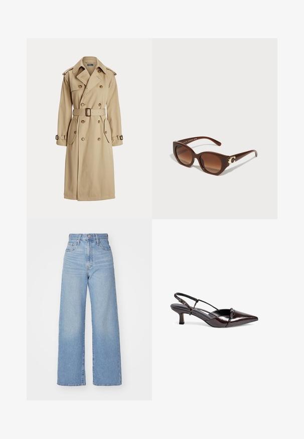 Beige trench coat with double-breasted front, large buttons, belted waist, two side pockets, and shoulder epaulets. Smooth fabric texture.; Dark brown knitted sweater with short sleeves, round neckline, and ribbed hem. The texture is soft and the material appears substantial.; Light blue high-waist wide-leg jeans with front button and zip closure, front and back pockets, on a white background.; Brown patent leather slingback pump with a pointed toe, small block heel, cross-strap design, and decorative bow detail on the front.; Brown plastic sunglasses with a cat-eye shape, gradient brown lenses, and a gold-tone logo detail on the temple. Smooth texture.