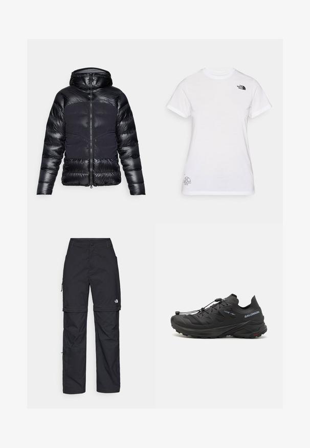 Čierna prešívaná bunda s kapucňou, s lesklou textúrou na pleciach a rukávoch, a matným povrchom na tele, so zipsom vpredu.; Biela bavlnená tričko s čiernym logom na ľavej hrudi a sivým grafickým dizajnom v dolnom pravom rohu. Klasický okrúhly výstrih a krátke rukávy.; Čierne nylonové cargo nohavice s odnímateľnými nohavicami, nastaviteľnými manžetami, viacerými vreckami a logom na pravej nohe. Hladká, ľahká textúra.; Čierne trailové bežecké topánky s textúrovaným zvrškom, sieťovinovými panelmi a bezpečným systémom zapínania. Obsahujú robustnú podrážku pre lepšiu trakciu.