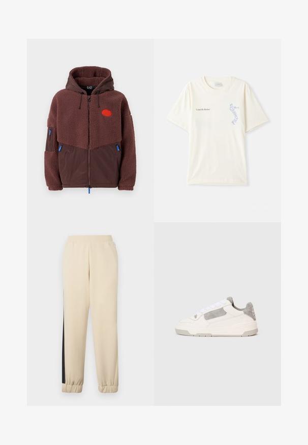 Pruun tõmblukuga jope, millel on tekstureeritud, karvane ülemine osa ja sile alumine osa. Sisaldab kapuutsi, tikandiga logo ja siniseid tõmbluku aktsente.; Valge puuvillane t-särk lühikeste varrukatega, millel on rinnal musta ja sinise graafikaga tekst "United By Rhythm". Ümmargune kaelus.; Kreemivärvi dressipüksid mustade külgriidega, elastne vöökoht ja soonikud pahkluude juures. Pehme kangas ja mugav lõige.; Valge ja heledashall madalate tossude paar, millel on valged rihmad ja nahktooted, näidatud külgedelt ühevärvilisel heledal taustal.