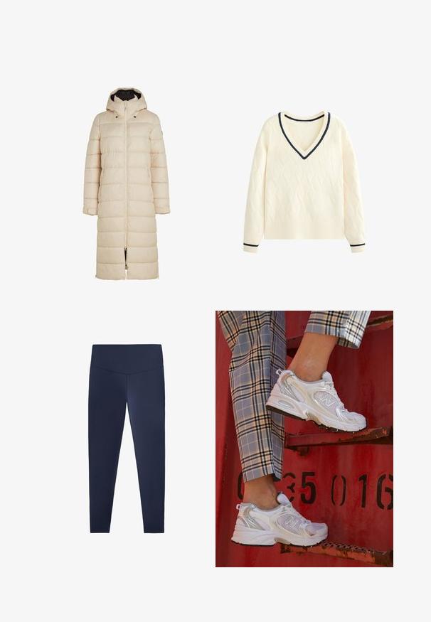 Padded dlouhý kabát v světle béžové barvě s kapucí, předním zipem a bočními kapsami. Obsahuje horizontální prošívání a nastavitelné manžety na rukávech.; Krémový svetr s průsvitným vzorem, výstřihem do V, žebrovaným lemem a námořnicky modrými akcenty na výstřihu a rukávech. Pletená textura.; Námořnické legíny vyrobené z elastické, hladké látky s vysokým páskem. Navrženy tak, aby těsně přiléhaly a měly plnou délku až k ankletům.; Bílé síťované tenisky se stříbrnými akcenty a texturovanou podrážkou, umístěné na červeném povrchu, zkombinované s kostkovanými kalhotami.