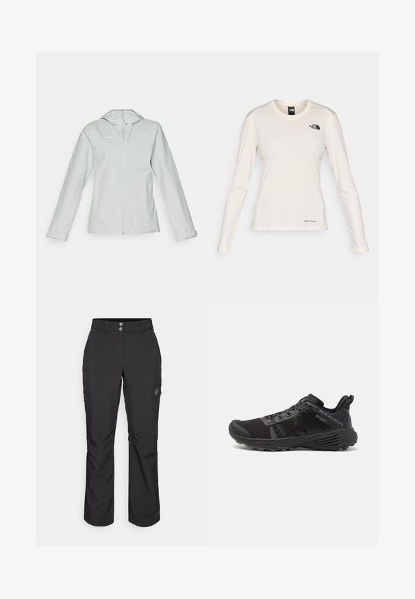 Jasnoszara, wodoodporna kurtka z kapturem, z pełnym zamkiem błyskawicznym z przodu, długimi rękawami i dwiema bocznymi kieszeniami; gładka faktura i minimalne logo.; The North Face - Bluzka z długim rękawem; Czarne spodnie outdoorowe o prostym kroju, z zapięciem na guzik, zapinanymi na zamek bocznymi kieszeniami oraz naszywką z logo na lewej udzie.; Czarne buty biegowe z teksturowaną siateczkową cholewką, wzmocnionym czubkiem i gumową podeszwą. Wyposażone w system sznurowania oraz detal logo po boku.