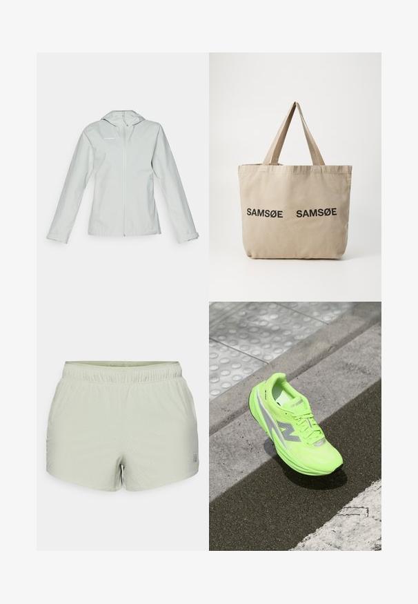 Light gray waterproof jacket with a hood, full front zipper, long sleeves, and two side pockets; smooth texture and minimal branding.; Long-sleeve light green shirt made from textured fabric, featuring a round neckline and a small logo on the left chest area.; Light green athletic shorts made of breathable fabric, featuring a perforated texture and elastic waistband. Logo printed on the side.; Bright neon green New Balance running shoe resting on textured pavement near a tactile walking surface and curb edge.; Beige canvas tote bag with two black printed "SAMØE" logos. Features sturdy beige shoulder straps and a simple, unstructured design.