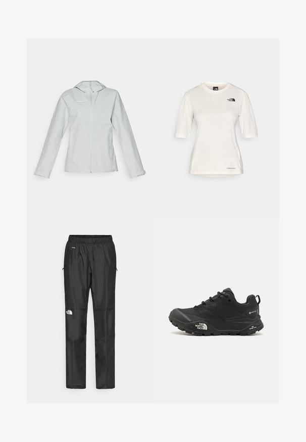 Svetlošedá nepremokavá bunda s kapucňou, celoprepínacím zipsom, dlhými rukávmi a dvoma bočnými vreckami; hladká textúra a minimálne logovanie.; The North Face SHADOW SHORT SLEEVE - Športové tričko - white dune; Čierne vodeodolné nohavice vyrobené z ľahkej tkaniny, s elastickým pásom, bočnými vreckami a logom na ľavom stehne.; Čierna turistická obuv s textúrovaným povrchom, šnurovaním a masívnou gumovou podrážkou, na strane so zreteľným logom a vzormi na protišmykovú trakciu.