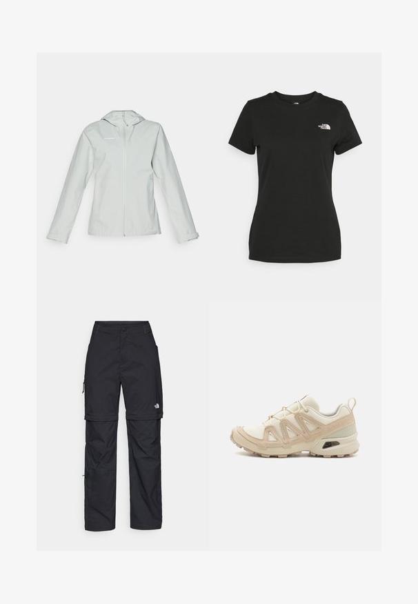Svetlo siva vodoodporna jakna s kapuco, poln prednji zadrgo, dolgi rokavi in dvema stranskima žepoma; gladka tekstura in minimalno označevanje.; Črna bombažna majica s krožnim izrezom in kratkimi rokavi. Opazna bela oznaka na zgornji levi strani. Gladka tekstura, sproščen kroj.; Črne najlon hlače z zipom, ki se lahko odstranijo, s prilagodljivimi manšetami, več žepi in logotipom na desni nogi. Gladka, lahka tekstura.; Bež in krem športni čevlji z teksturiranim mrežastim zgornjim delom, podpornimi prekrivali in gumijastim podplatom z vzorcem za oprijem.