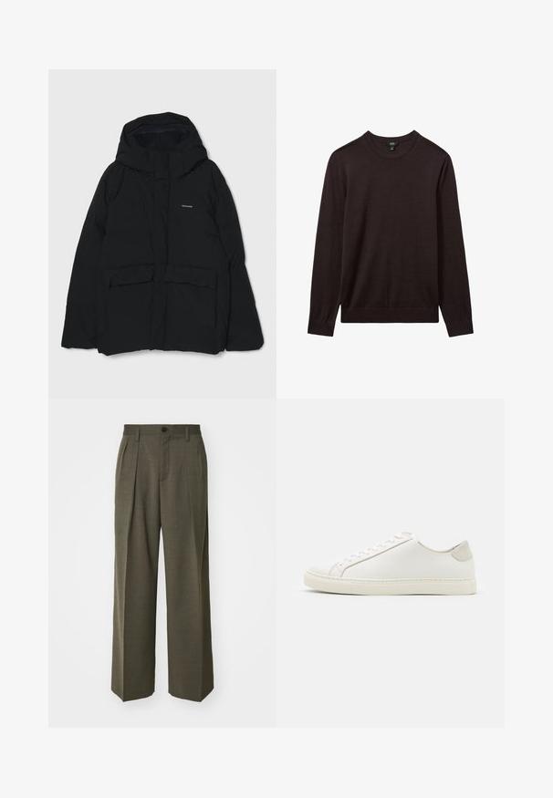 Svart puffjacka med huva, framknappar, två stora fickor och en logotyp på bröstet. Slät textur med en minimal design.; Reiss Stickad tröja - dark bordeaux; Filippa K WIDE TROUSERS - Tygbyxor - driftwood; Vita lädersneakers med en slät yta, rund tå och minimalistisk design. Har beige detaljer vid hälen och en gummisula.